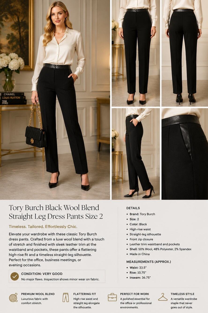 Tory Burch Black Wool Blend Straight Leg Dress Pants Leather Trim Size 2